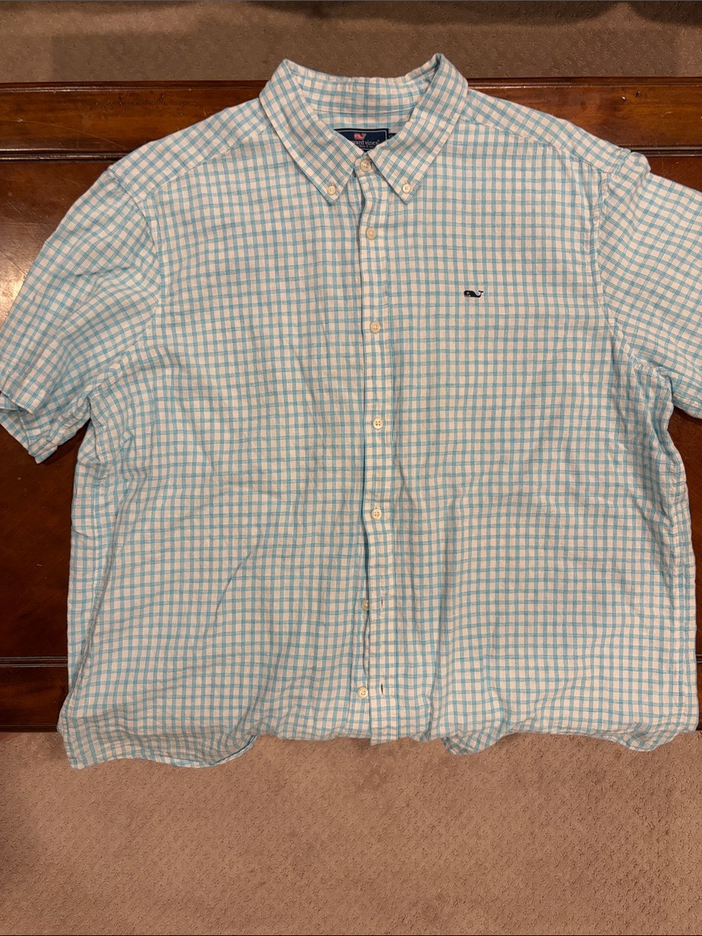 Vineyard Vines Men’s Light Aqua and White Check Button-Down Shirt